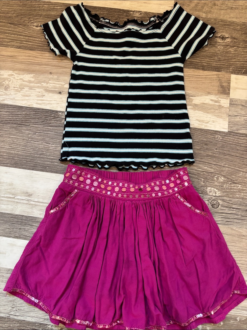 Justice Black & White Striped Off-Shoulder Top with Fuchsia Skirt